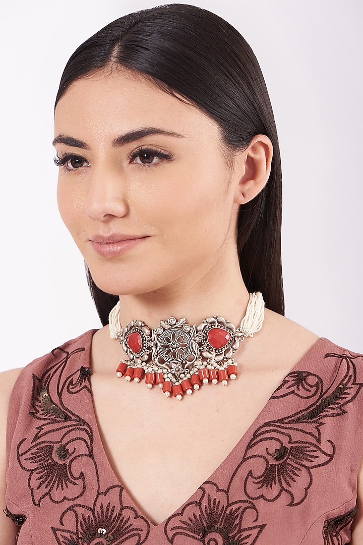 Metal Oxidised Dark Orange Natural Stone Choker Necklace by Zevar By Geeta at Pernia's Pop Up Shop