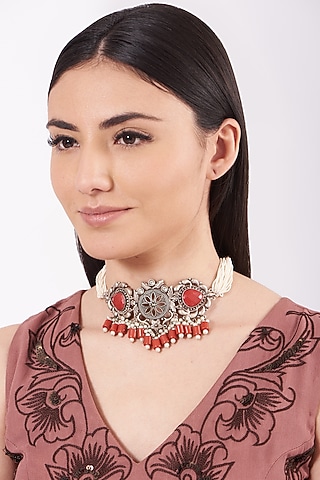 Metal Oxidised Dark Orange Natural Stone Choker Necklace by Zevar By Geeta