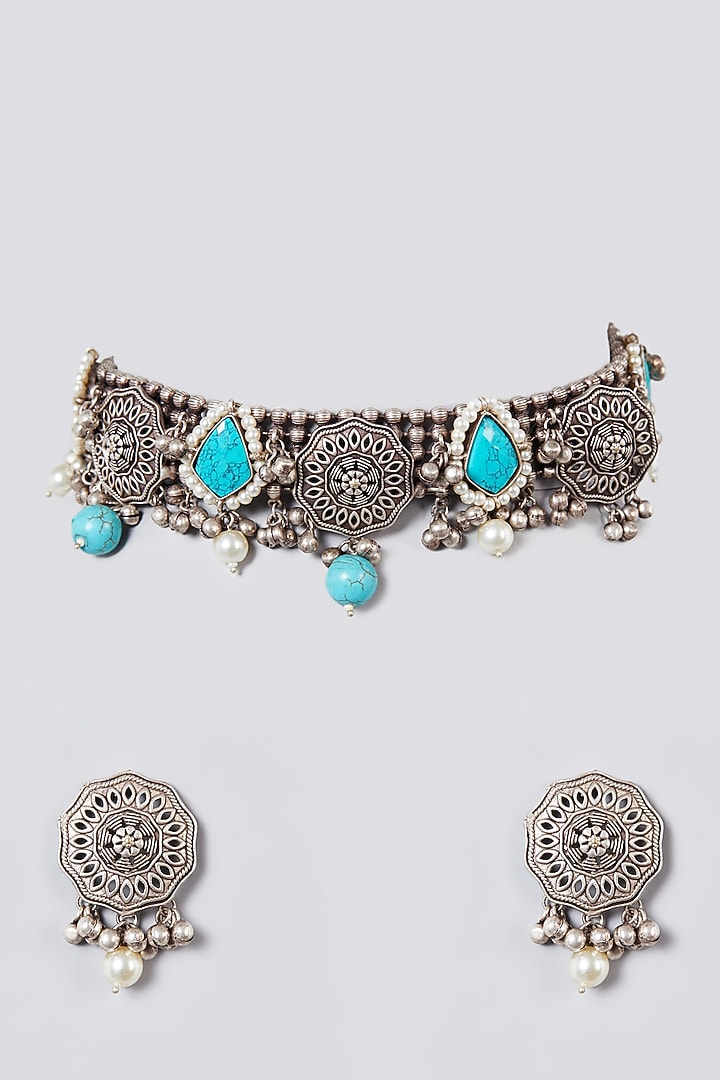 Metal Oxidised Turquoise Natural Stone Choker Necklace Set by Zevar By Geeta at Pernia's Pop Up Shop