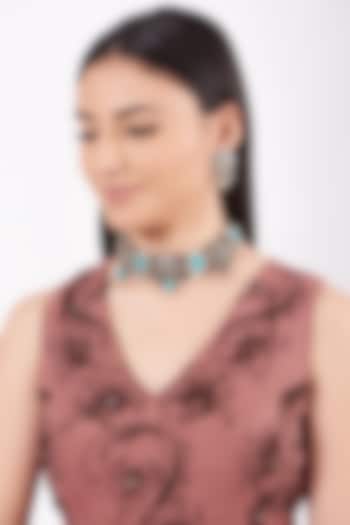 Metal Oxidised Turquoise Natural Stone Choker Necklace Set by Zevar By Geeta at Pernia's Pop Up Shop