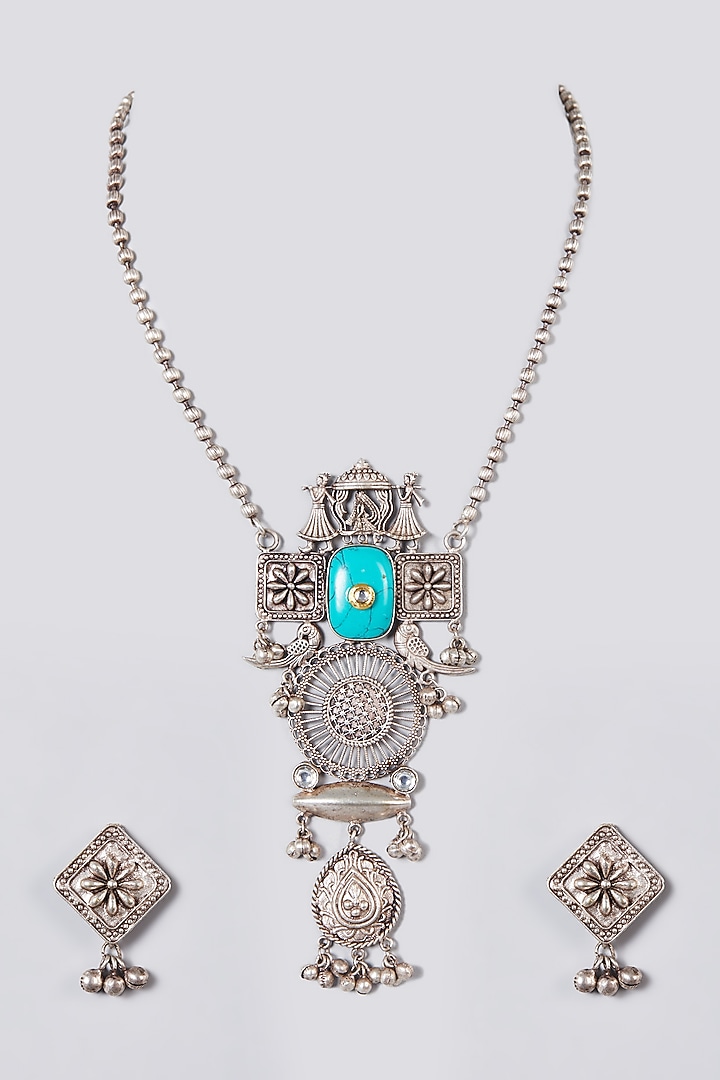 Metal Oxidised Kundan & Turquoise Natural Stone Long Necklace Set by Zevar By Geeta at Pernia's Pop Up Shop