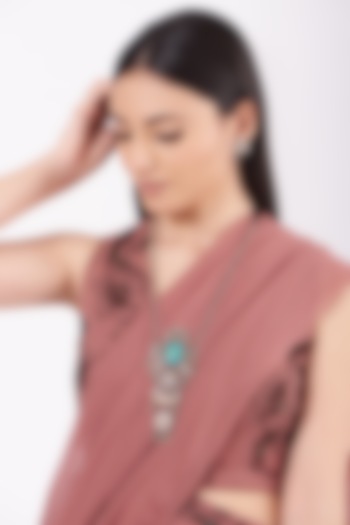 Metal Oxidised Kundan & Turquoise Natural Stone Long Necklace Set by Zevar By Geeta at Pernia's Pop Up Shop