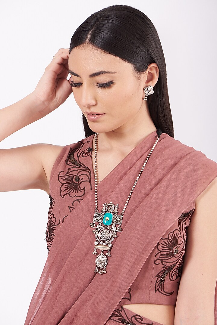 Metal Oxidised Kundan & Turquoise Natural Stone Long Necklace Set by Zevar By Geeta at Pernia's Pop Up Shop