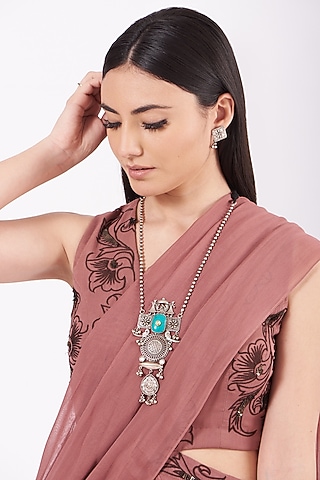 Metal Oxidised Kundan & Turquoise Natural Stone Long Necklace Set by Zevar By Geeta