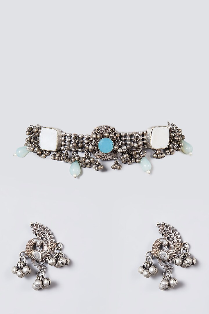 Metal Oxidised Kundan & Pearl Choker Necklace Set by Zevar By Geeta at Pernia's Pop Up Shop