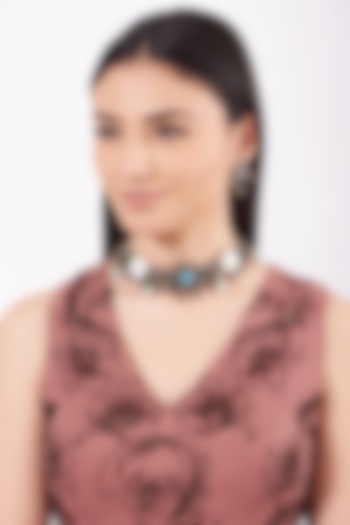 Metal Oxidised Kundan & Pearl Choker Necklace Set by Zevar By Geeta at Pernia's Pop Up Shop