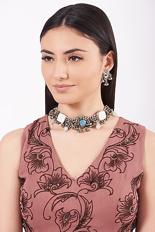 Metal Oxidised Kundan & Pearl Choker Necklace Set by Zevar By Geeta