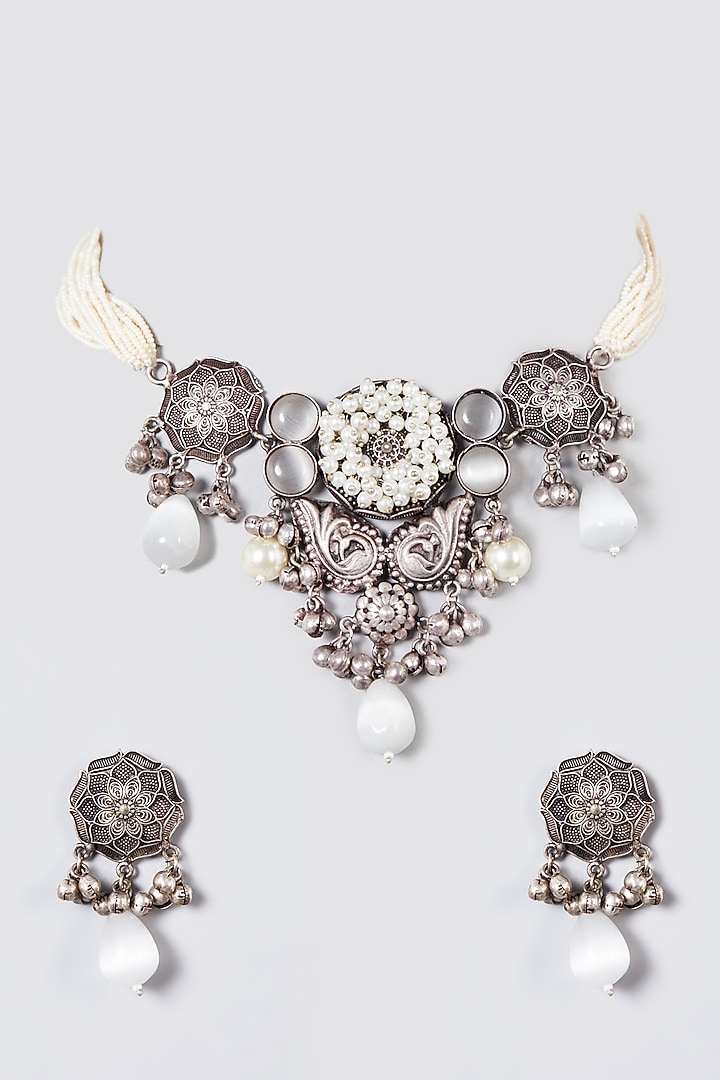 Metal Oxidised White Natural Stone & Kundan Choker Necklace Set by Zevar By Geeta at Pernia's Pop Up Shop