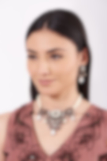 Metal Oxidised White Natural Stone & Kundan Choker Necklace Set by Zevar By Geeta at Pernia's Pop Up Shop