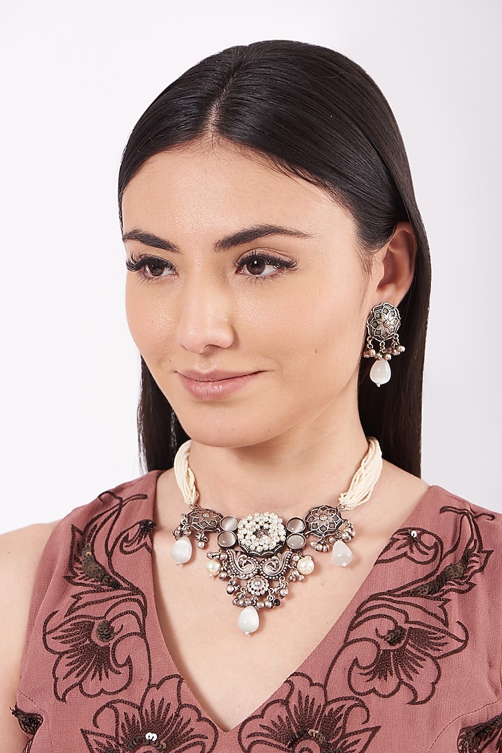 Metal Oxidised White Natural Stone & Kundan Choker Necklace Set by Zevar By Geeta at Pernia's Pop Up Shop