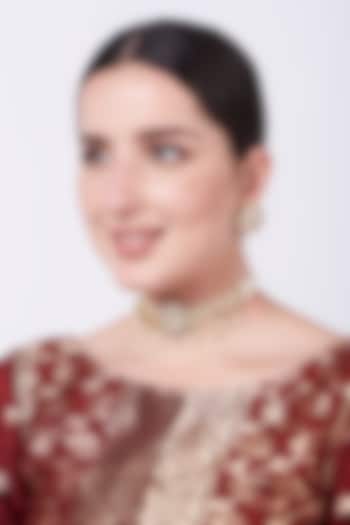 Gold Finish Kundan Polki & Pearl Choker Necklace Set by Zevar By Geeta at Pernia's Pop Up Shop