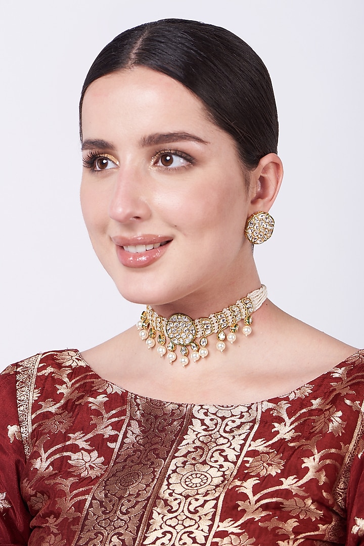 Gold Finish Kundan Polki & Pearl Choker Necklace Set by Zevar By Geeta at Pernia's Pop Up Shop
