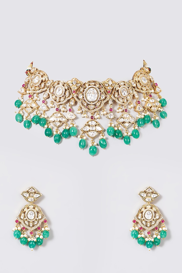 Gold Finish Kundan Polki & Green Beaded Choker Necklace Set by Zevar By Geeta at Pernia's Pop Up Shop