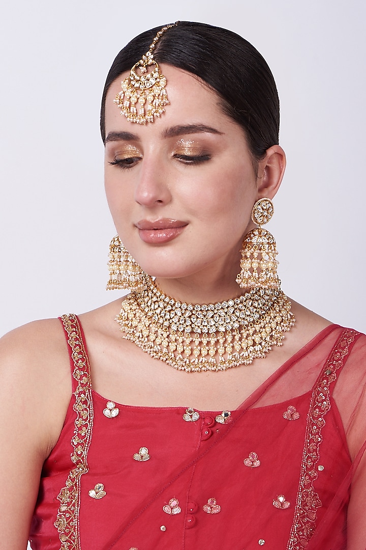 Gold Finish Kundan Polki & Pearl Bridal Choker Necklace Set by Zevar By Geeta at Pernia's Pop Up Shop