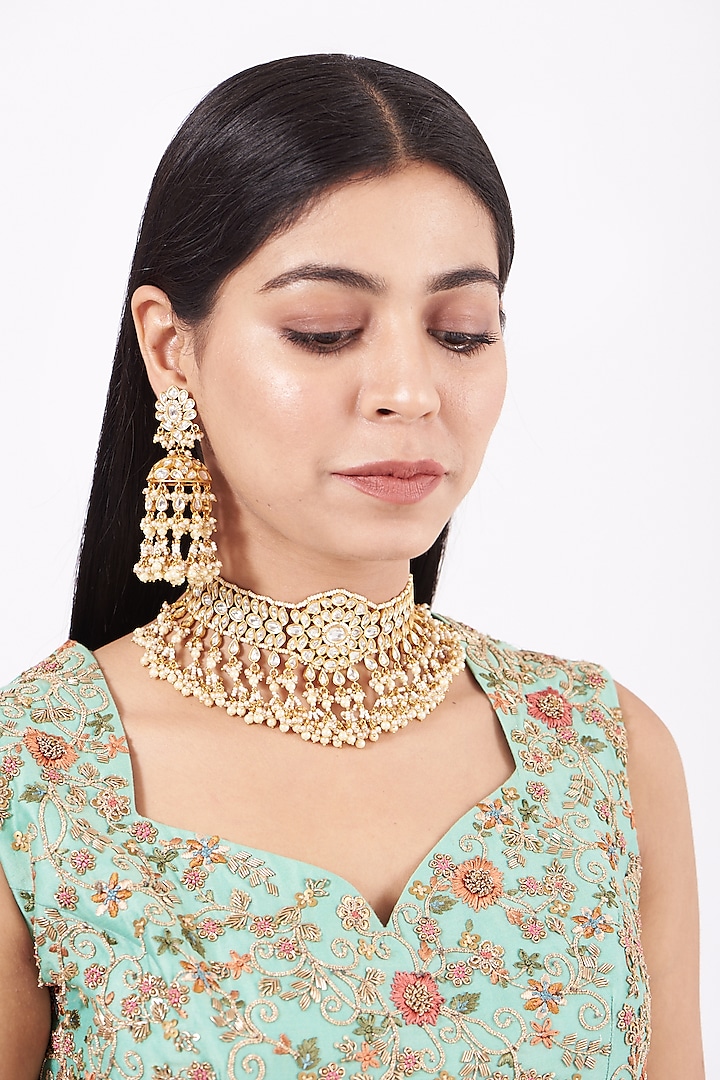 Gold Finish Kundan Polki & Pearl Bridal Choker Necklace Set by Zevar By Geeta at Pernia's Pop Up Shop