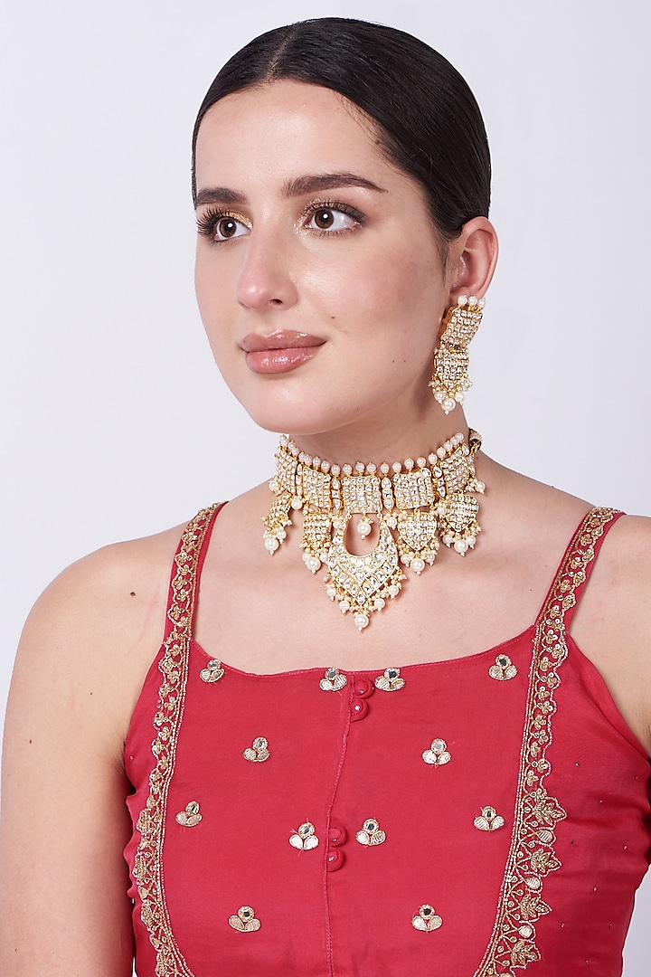 Gold Plated Choker Necklace Set by Zevar By Geeta