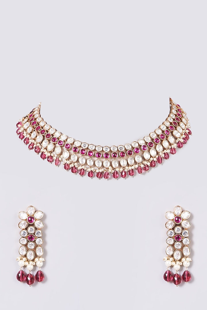 Gold Finish Kundan Polki & Pink Stone Necklace Set by Zevar By Geeta at Pernia's Pop Up Shop
