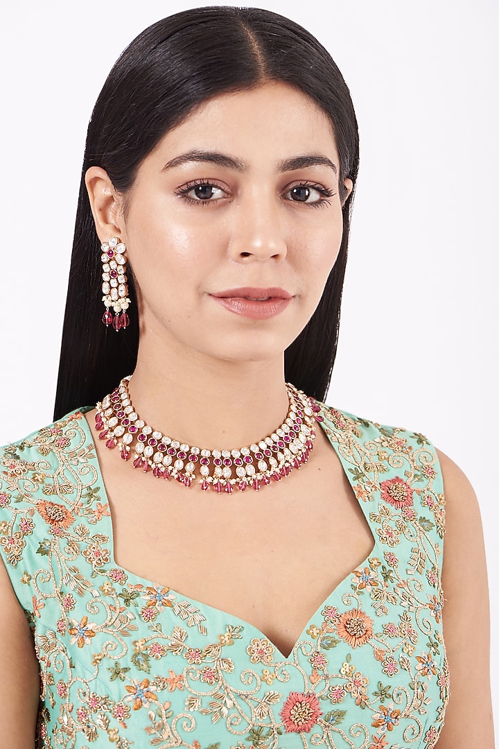 Gold Finish Kundan Polki & Pink Stone Necklace Set by Zevar By Geeta at Pernia's Pop Up Shop