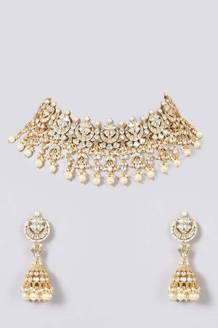 Gold Plated Pearl & Kundan Polki Choker Necklace Set by Zevar By Geeta at Pernia's Pop Up Shop
