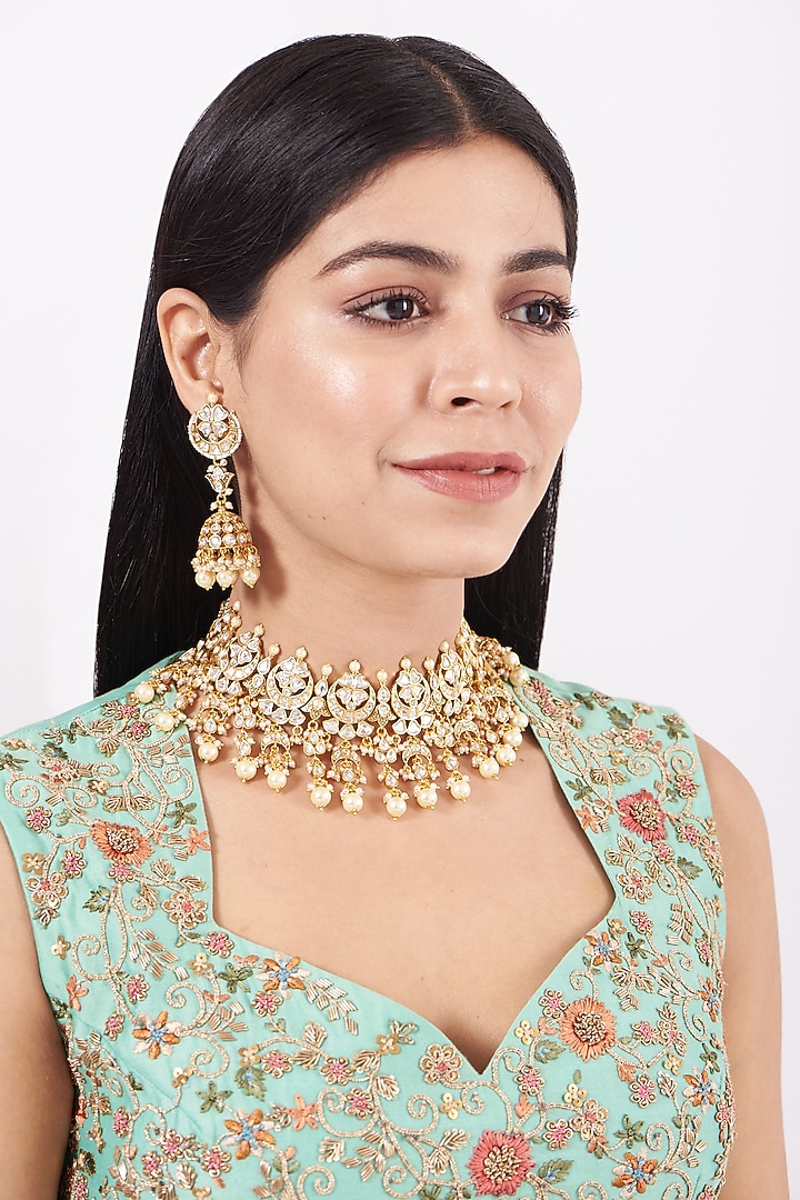 Gold Plated Pearl & Kundan Polki Choker Necklace Set by Zevar By Geeta at Pernia's Pop Up Shop