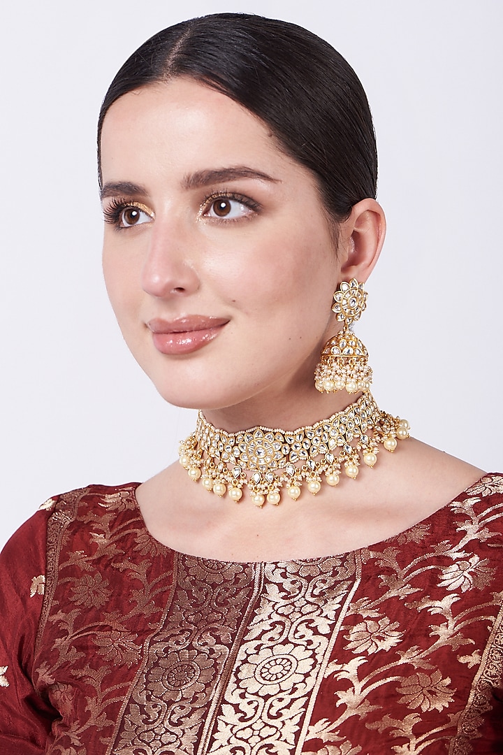 Gold Plated Necklace Set With Kundan Polki by Zevar By Geeta