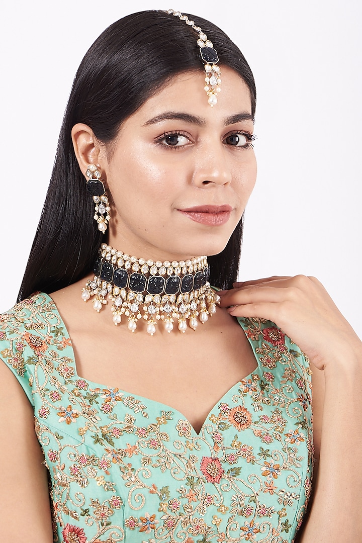 Gold Plated Emerald Stone Necklace Set by Zevar By Geeta