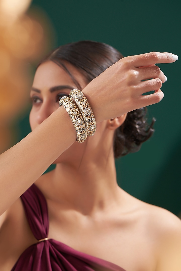 Black Rhodium Finish White Kundan Polki Kadas (Set Of 2) by Zevar By Geeta at Pernia's Pop Up Shop