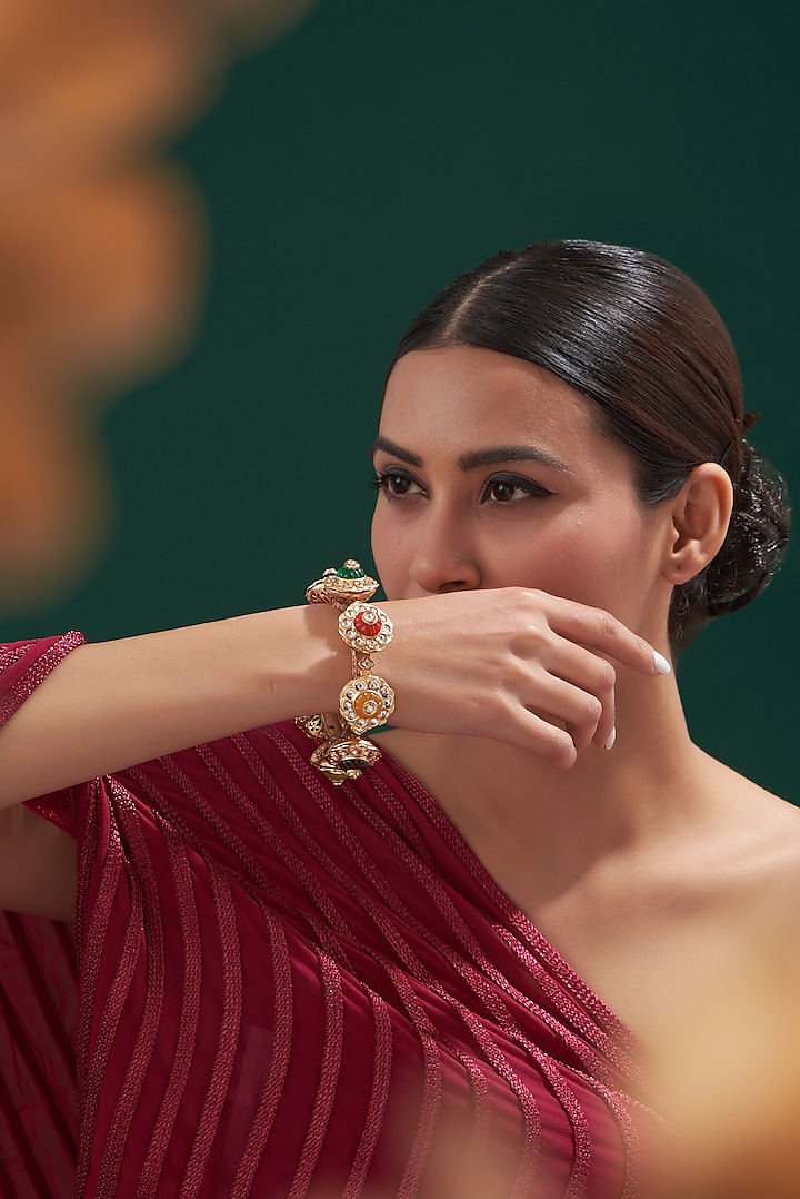 Gold Plated Navratna Stone & Kundan Polki Pacheli Kada by Zevar By Geeta at Pernia's Pop Up Shop