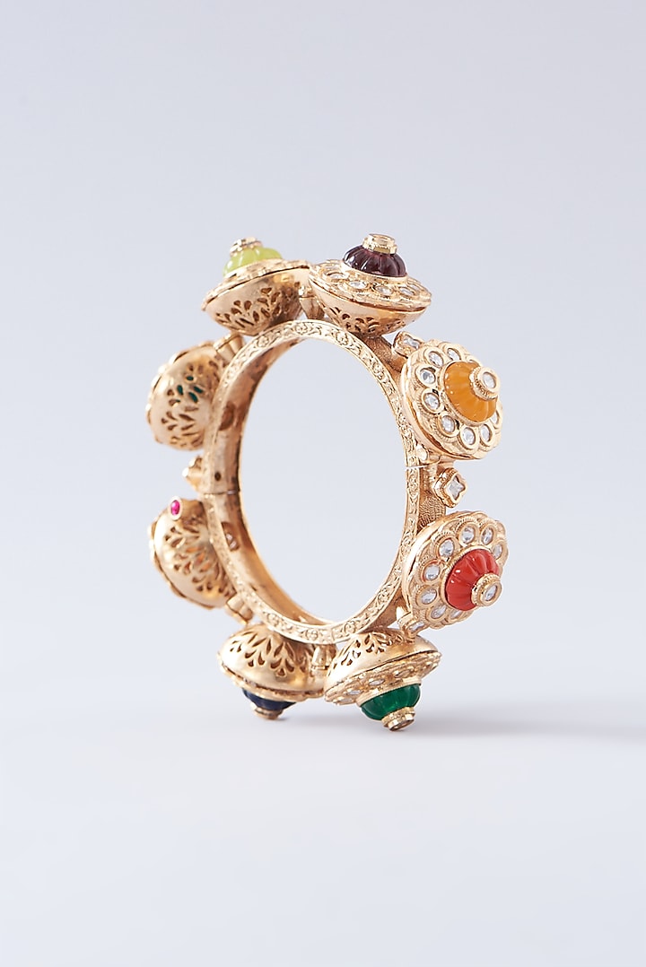 Gold Plated Navratna Stone & Kundan Polki Pacheli Kada by Zevar By Geeta at Pernia's Pop Up Shop