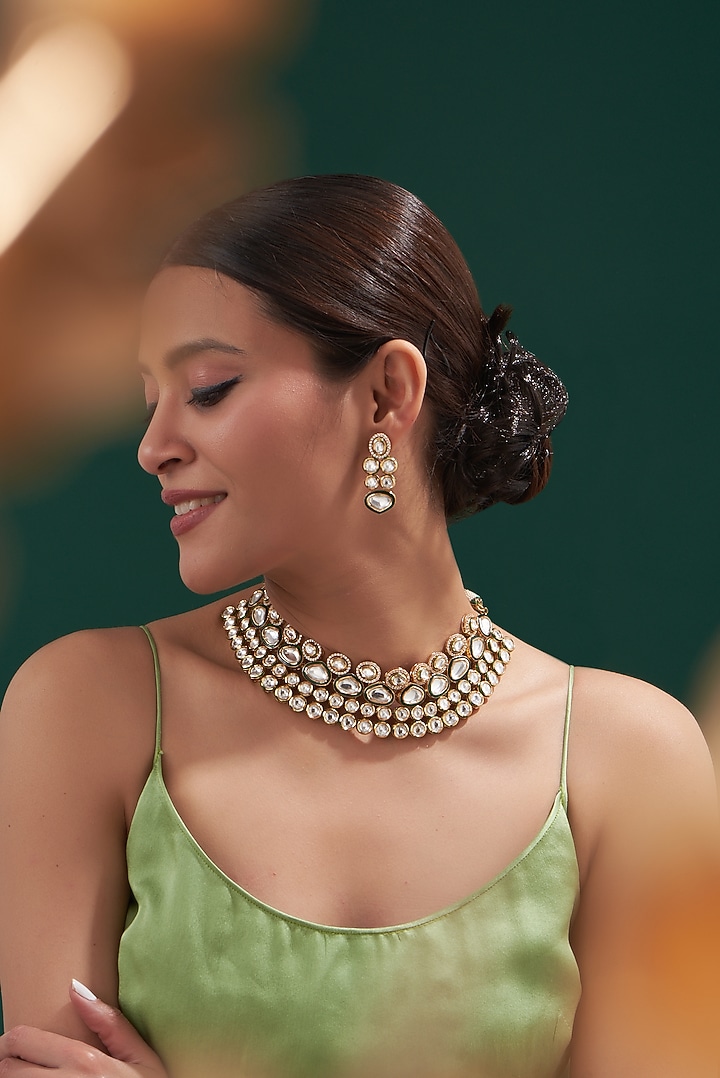 Gold Plated Kundan Polki Necklace Set by Zevar by Geeta at Pernia's Pop Up Shop