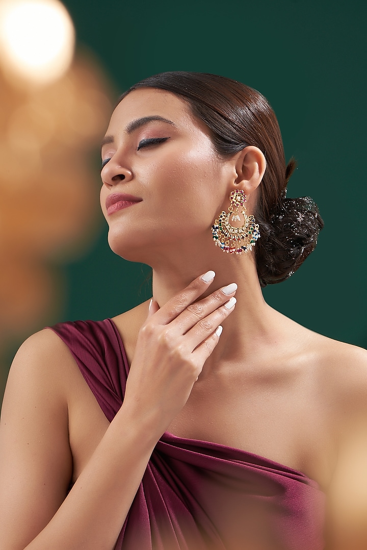 Gold Plated Kundan Polki & Pearl Chandbali Earrings by Zevar by Geeta at Pernia's Pop Up Shop