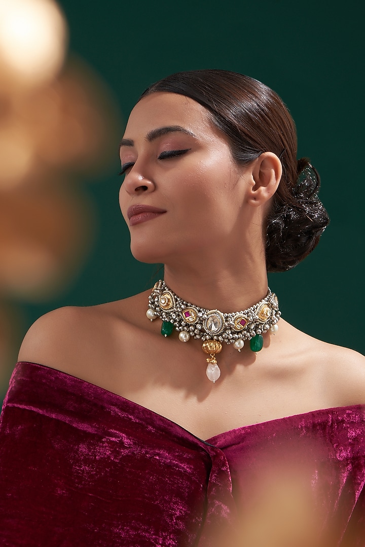 Oxidized Finish Multi-Colored Stone & Kundan Polki Choker Necklace by Zevar by Geeta at Pernia's Pop Up Shop