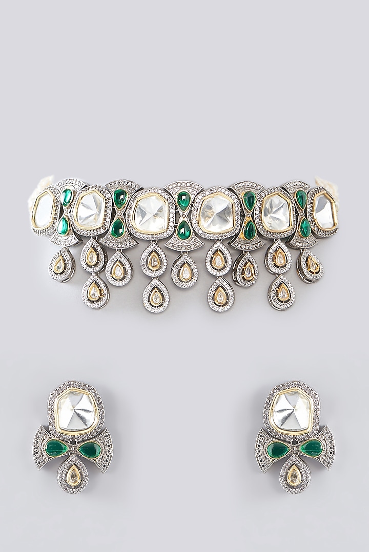 Gold Plated Kundan Polki & Pearl String Necklace Set by Zevar by Geeta at Pernia's Pop Up Shop