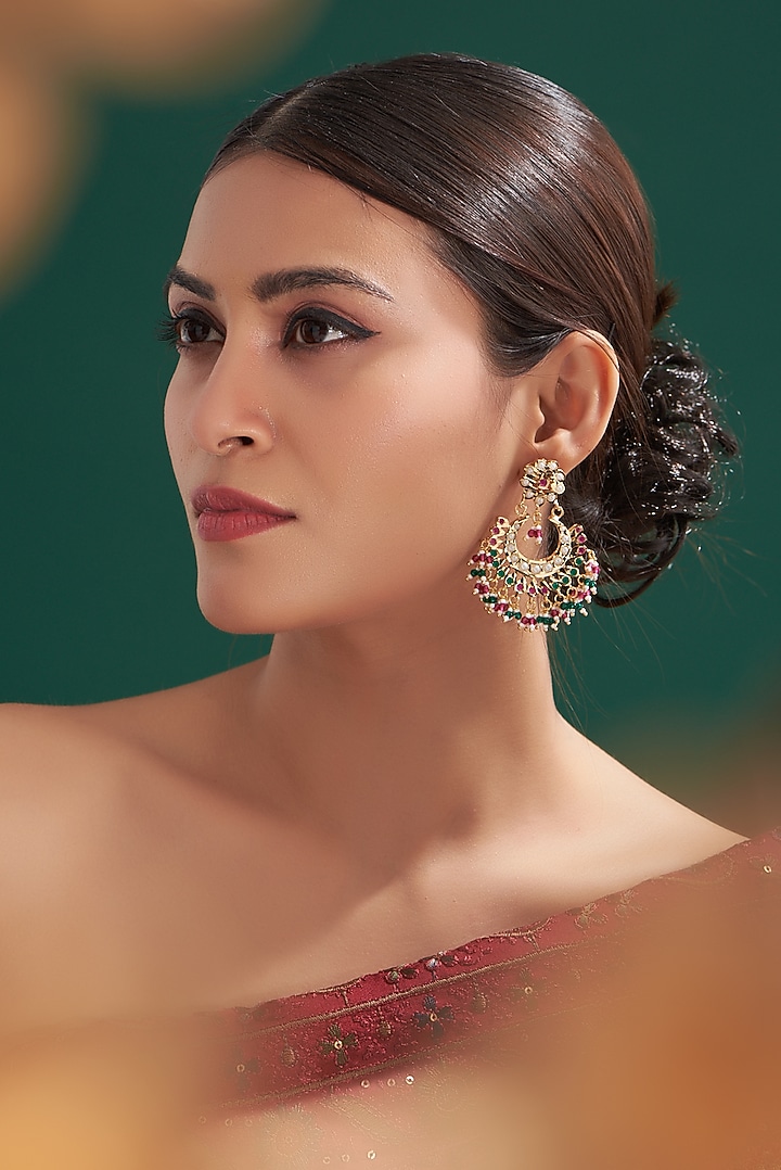 Gold Plated Jadau & Pearl Chandbali Earrings by Zevar by Geeta at Pernia's Pop Up Shop