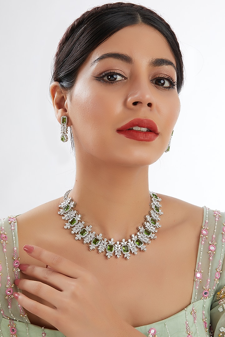White Finish Diamond & Light Green Stone Necklace Set by Zevar By Geeta at Pernia's Pop Up Shop