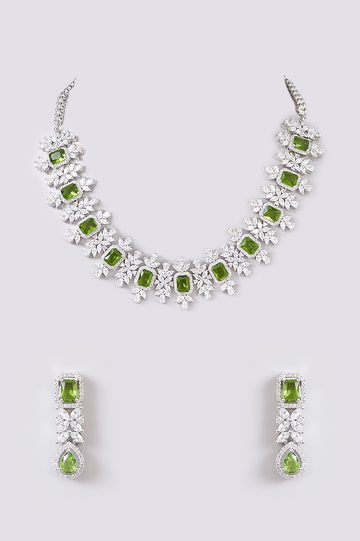 White Finish Diamond & Light Green Stone Necklace Set by Zevar By Geeta at Pernia's Pop Up Shop