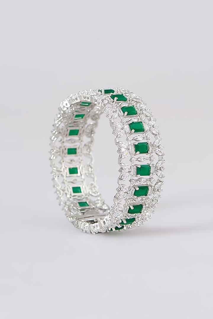 White Finish Faux Diamond & Green Stone Bangles (Set of 2) by Zevar By Geeta at Pernia's Pop Up Shop