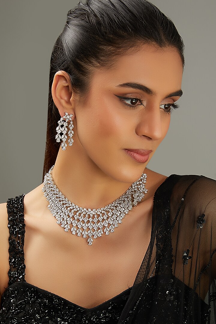 White Finish Faux Diamond Necklace Set by Zevar By Geeta at Pernia's Pop Up Shop
