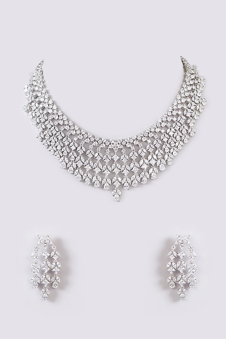 White Finish Faux Diamond Necklace Set by Zevar By Geeta