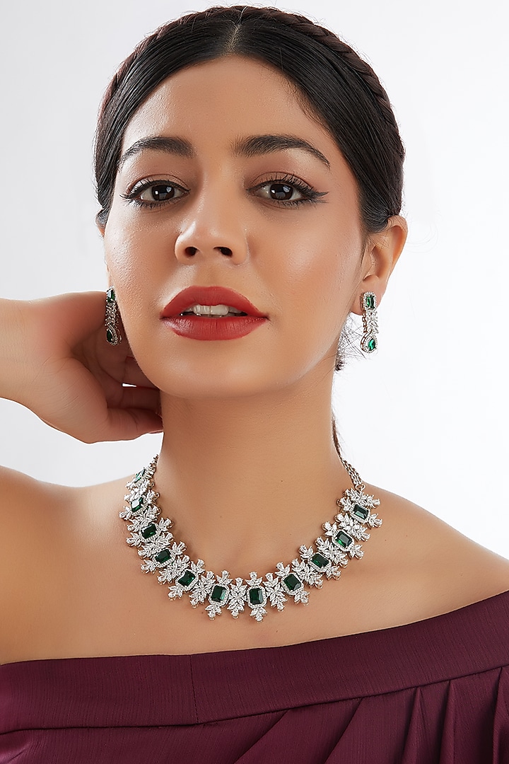 White Finish Faux Diamond & Green Stone Necklace Set by Zevar By Geeta at Pernia's Pop Up Shop