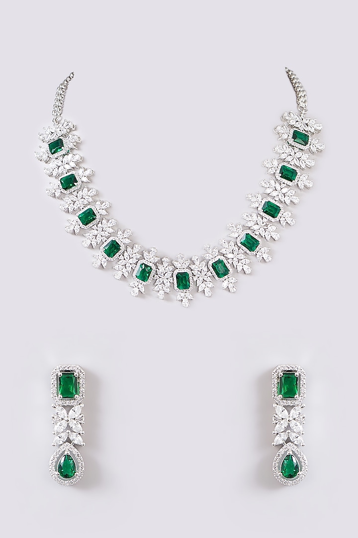 White Finish Faux Diamond & Green Stone Necklace Set by Zevar By Geeta at Pernia's Pop Up Shop