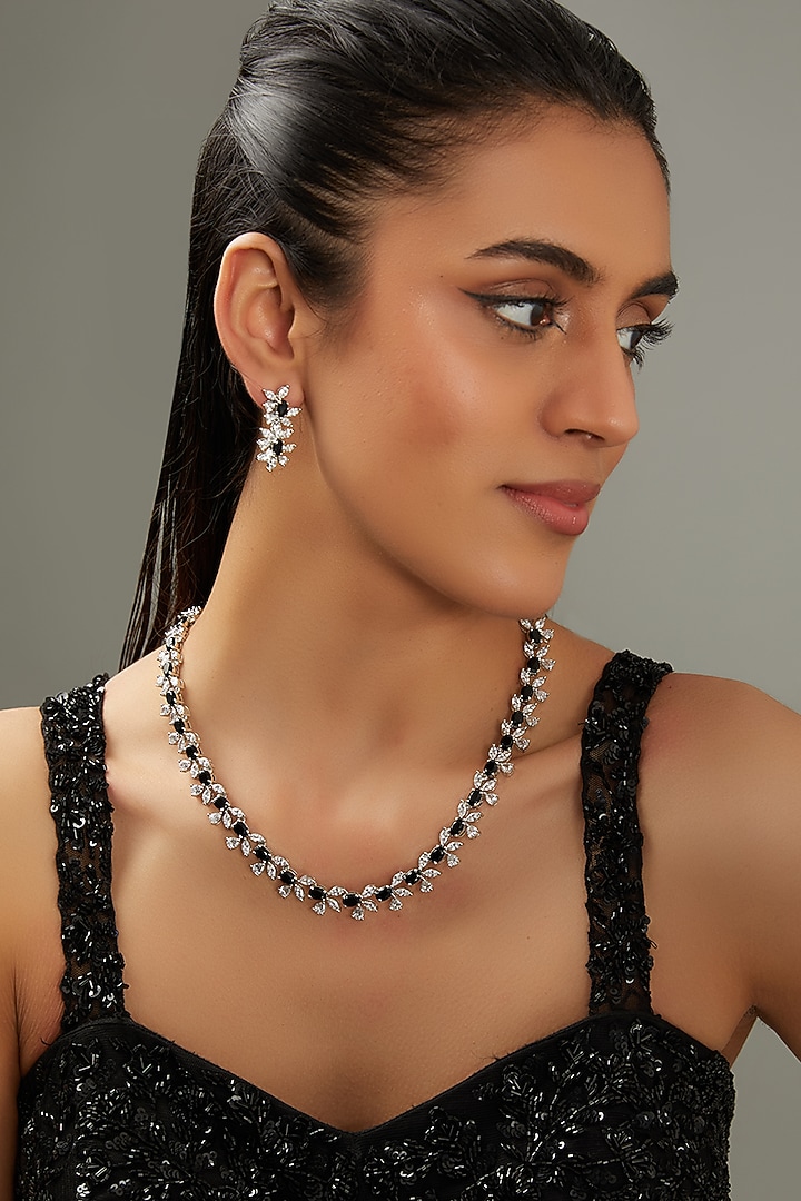 White Finish Faux Diamond & Black Stone Necklace Set by Zevar By Geeta at Pernia's Pop Up Shop
