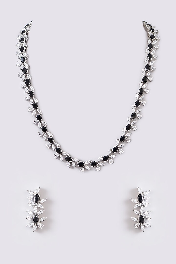 White Finish Faux Diamond & Black Stone Necklace Set by Zevar By Geeta at Pernia's Pop Up Shop
