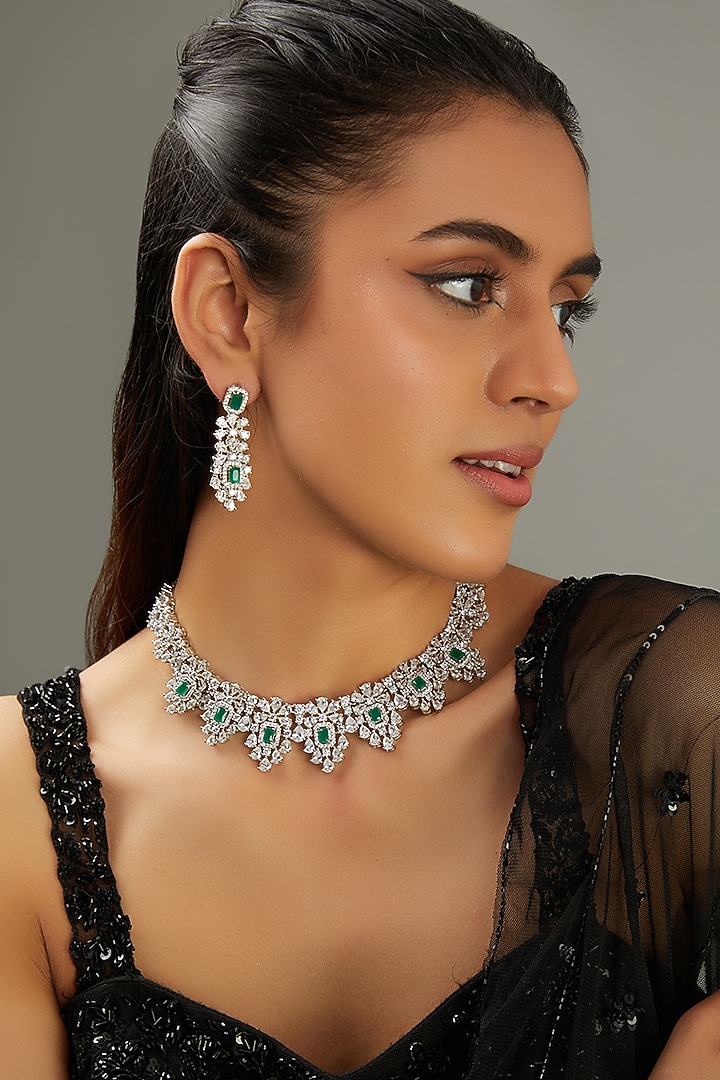 White Finish Faux Diamond & Blue Stone Necklace Set by Zevar by Geeta at Pernia's Pop Up Shop