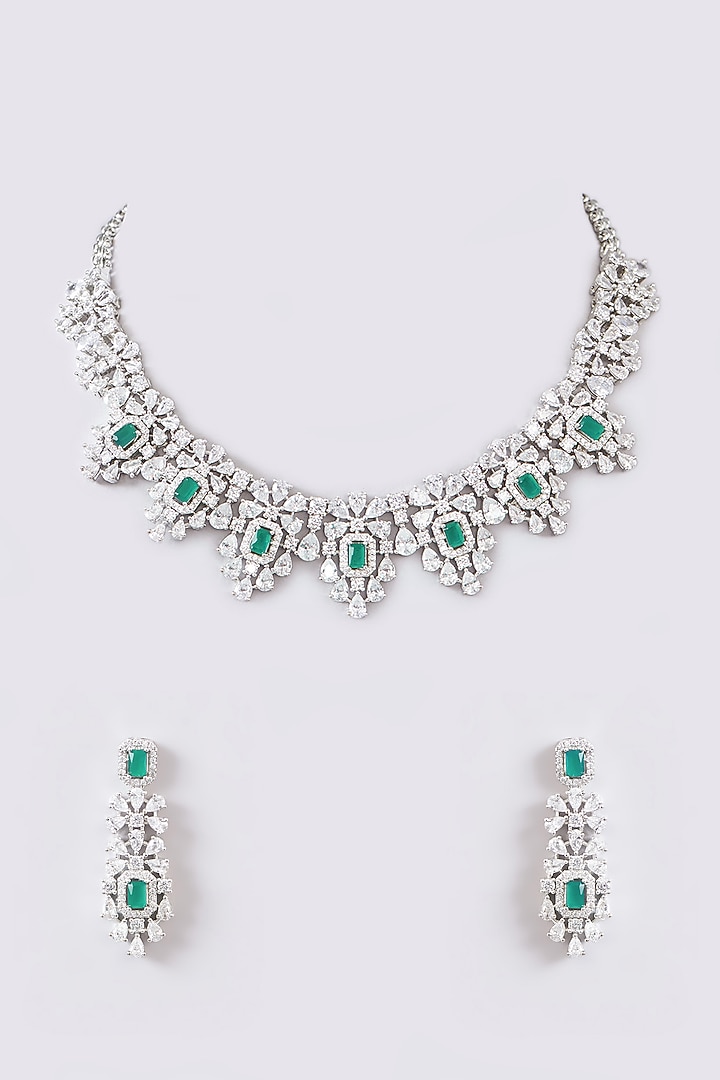 White Finish Faux Diamond & Blue Stone Necklace Set by Zevar by Geeta at Pernia's Pop Up Shop