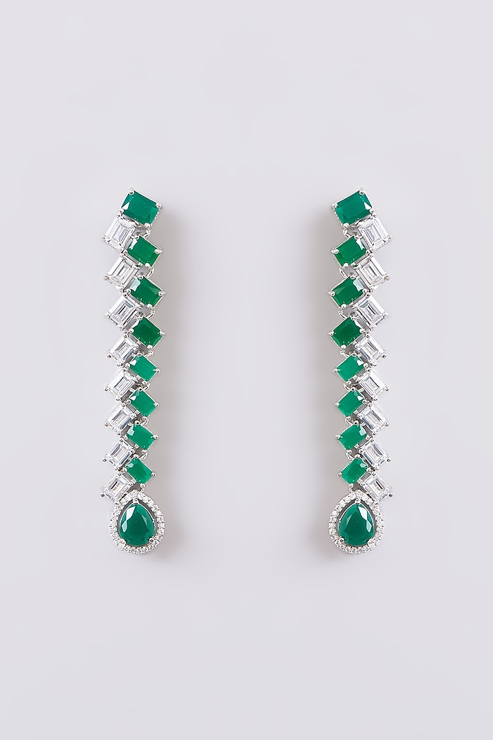 White Finish Faux Diamond & Green Stone Dangler Earrings by Zevar by Geeta