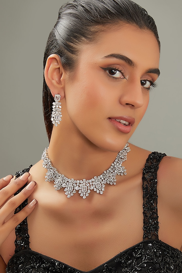White Finish Faux Diamond Necklace Set by Zevar by Geeta