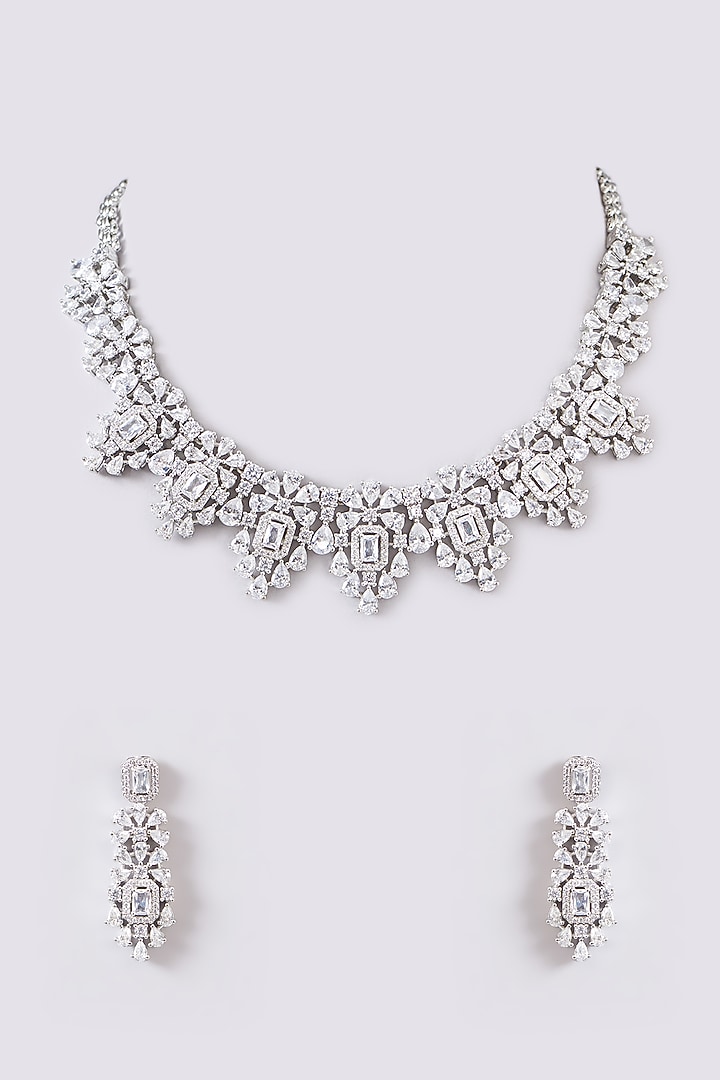 White Finish Faux Diamond Necklace Set by Zevar by Geeta at Pernia's Pop Up Shop