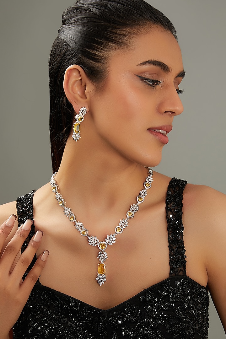 White Finish Faux Diamond & Yellow Stone Necklace Set by Zevar by Geeta