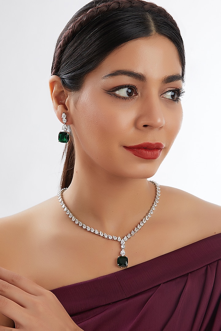White Finish Faux Diamond & Green Stone Necklace Set by Zevar by Geeta